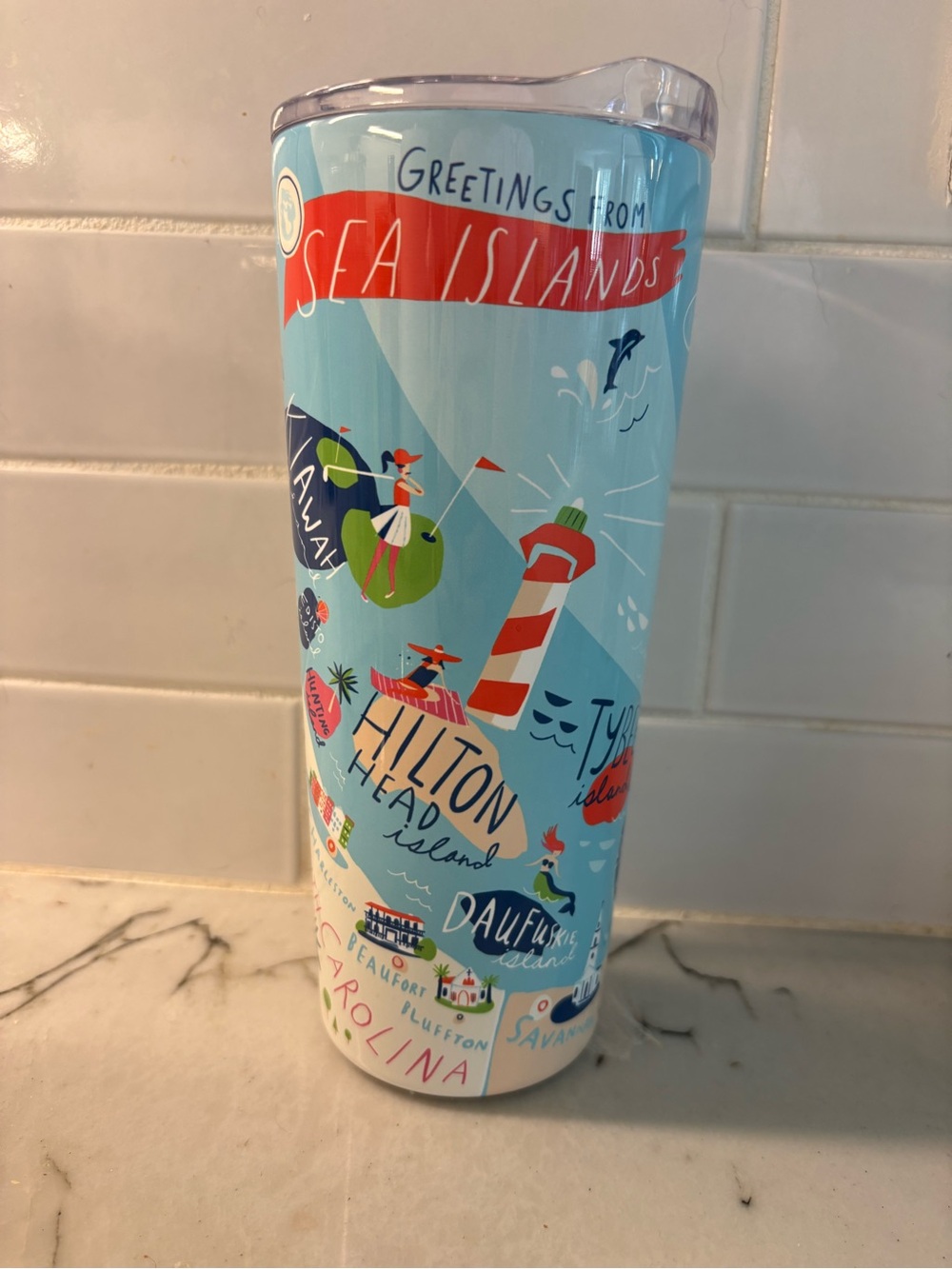Spartina 449 Light Blue and Red Sea Islands Travel Tumbler